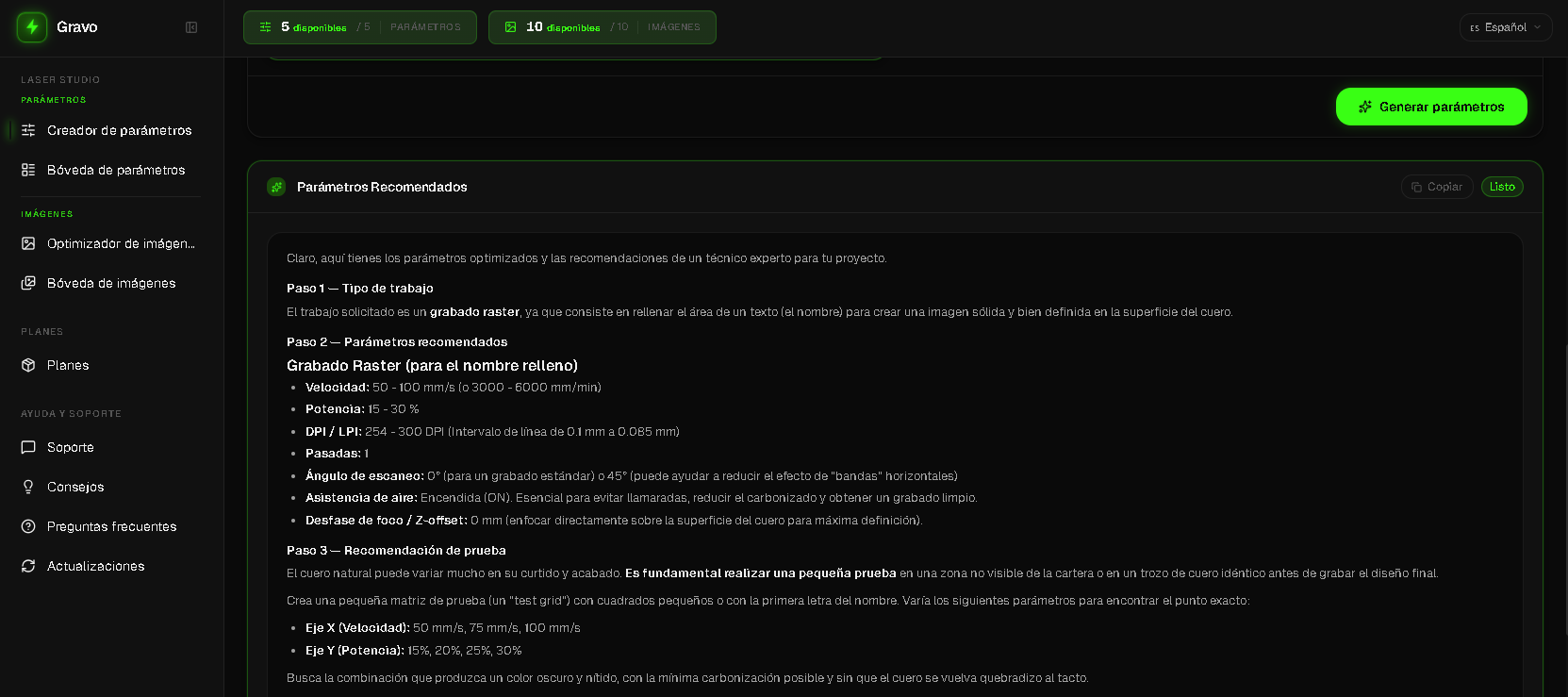 Gravo — Generador de parámetros láser