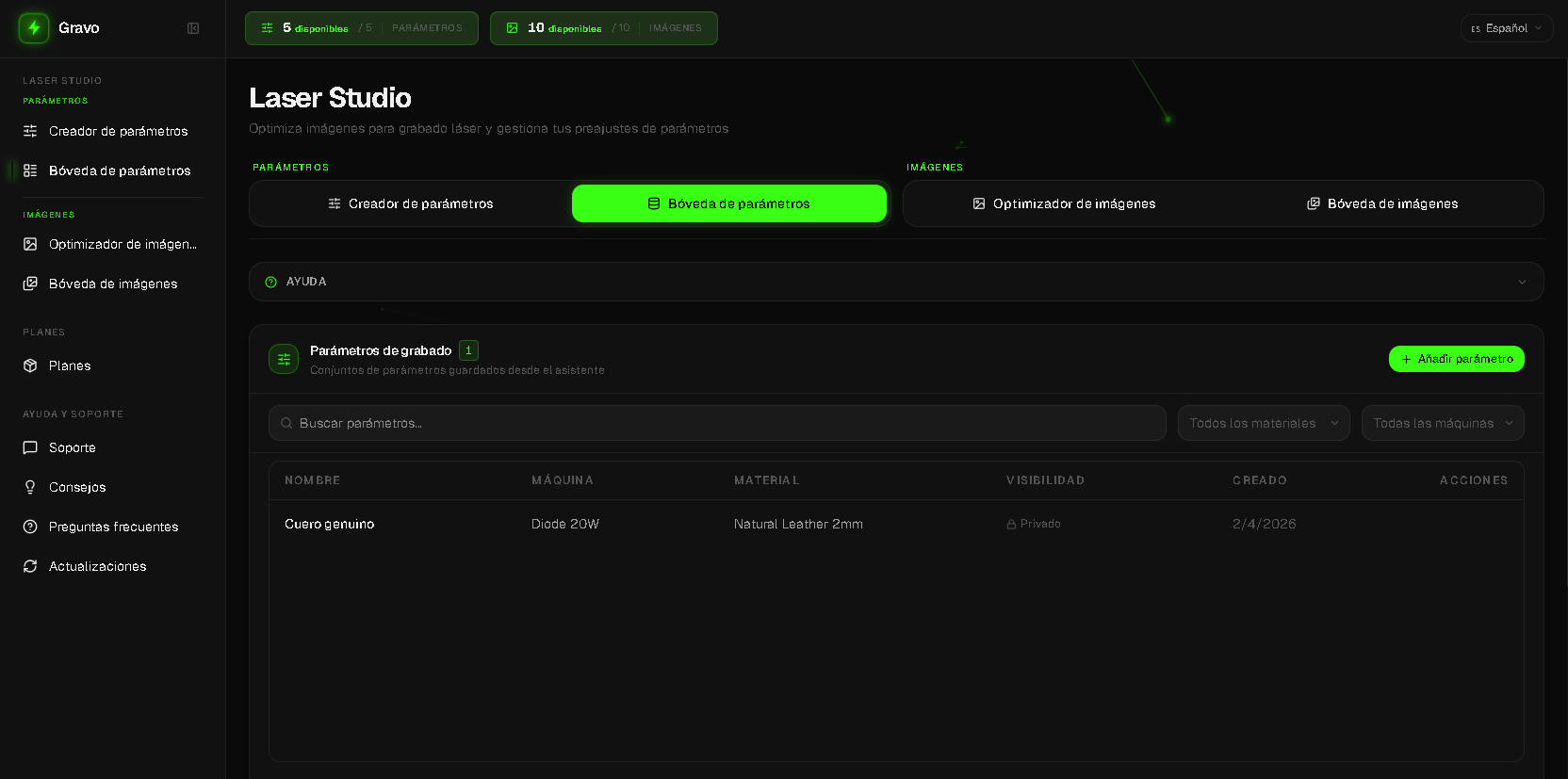 Historial de parámetros